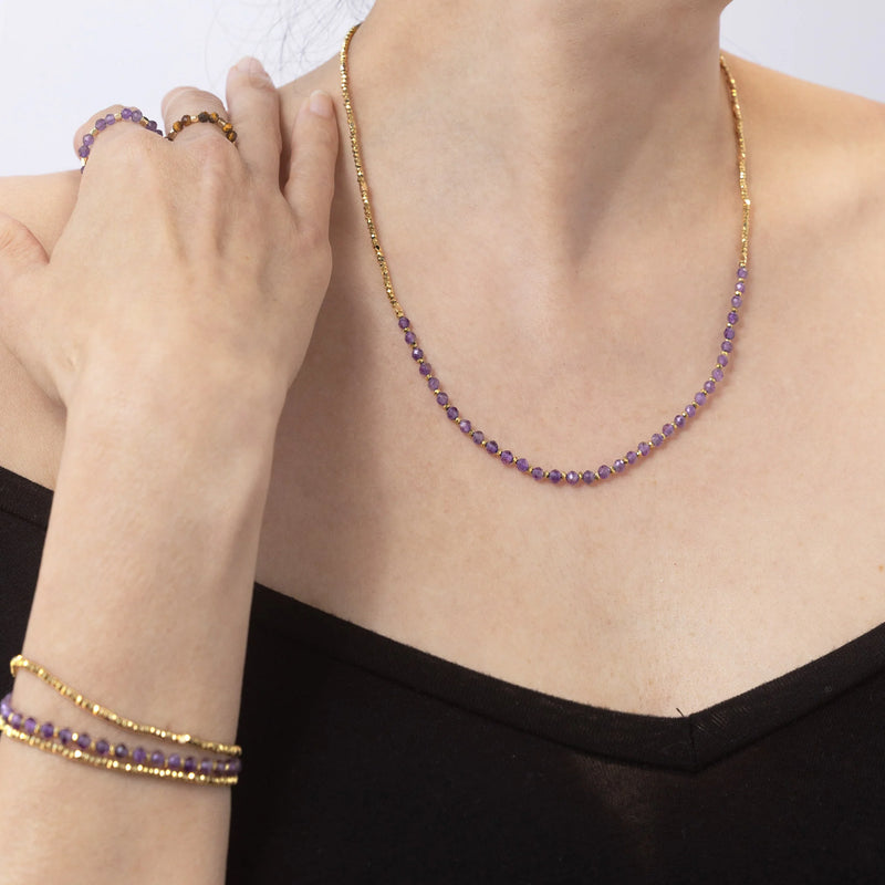 Amethyst Crystal Gemstone Necklace/Triple Bead Bracelet