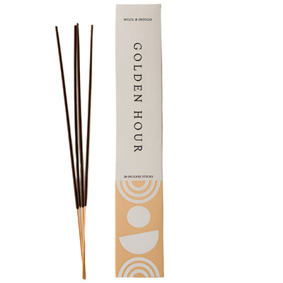 Golden hour incense for energy with the vitalizing scents of mimosa, black fig, blood orange, and sandalwood essential oils.